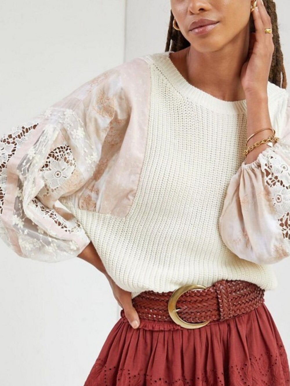 Anthropologie Pilcro Cream Knit Sweatshirt with Pale Pink Lace Balloon Sleeves